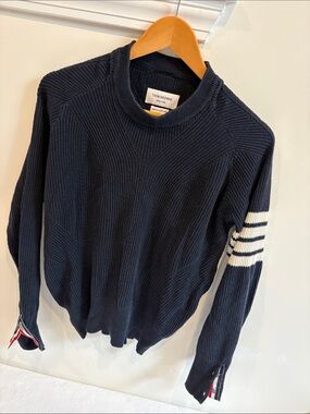 Thom Browne Navy Ribbed Crewneck Sweater with White Sleeve Stripes & Cuff Detail